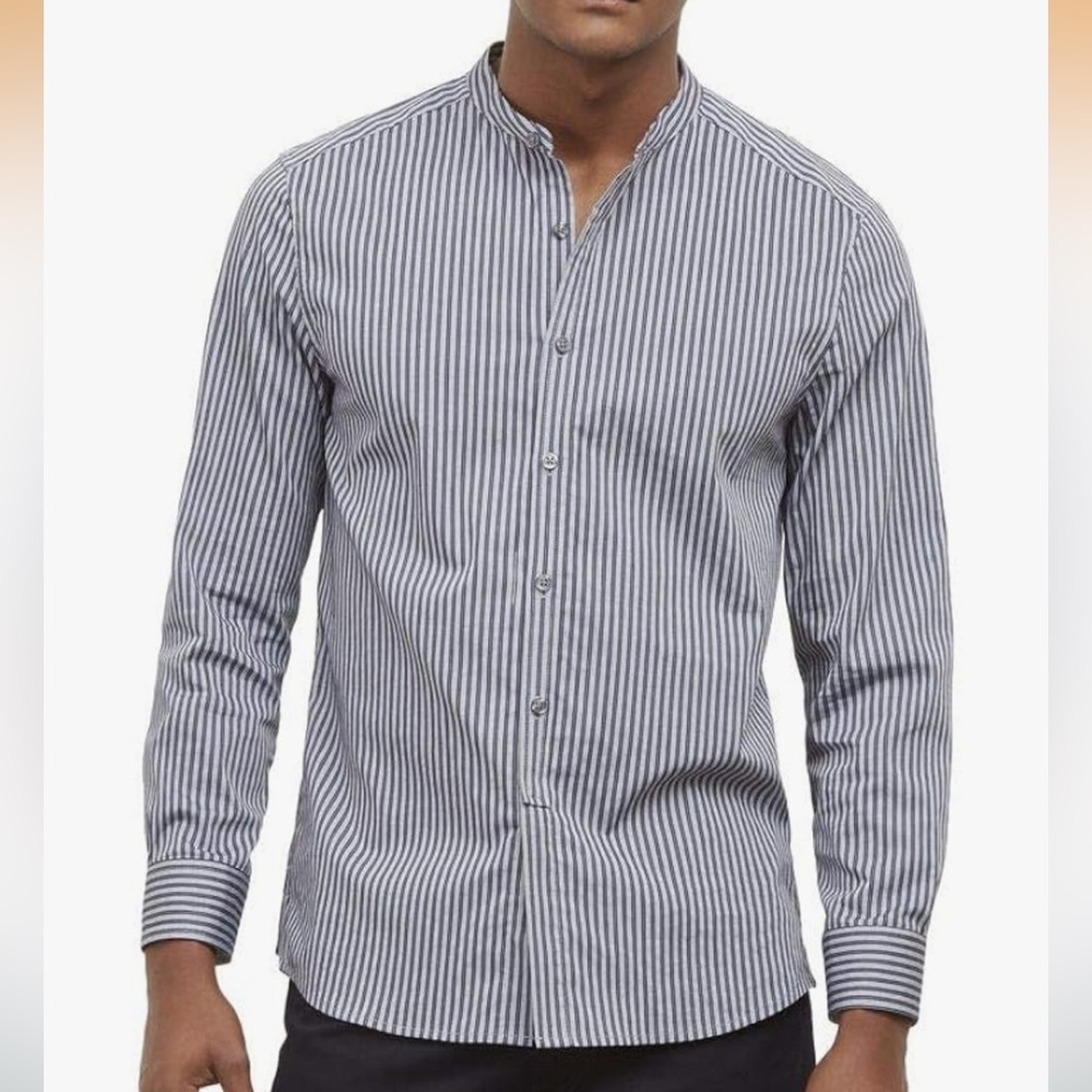 Kenneth Cole Striped Button Shirt Band Collar Blue Men’s Size Medium